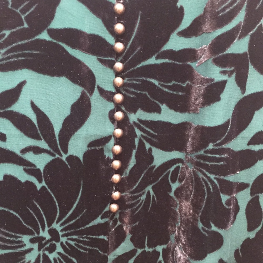 Green sheer top with textured blue velvet flowers